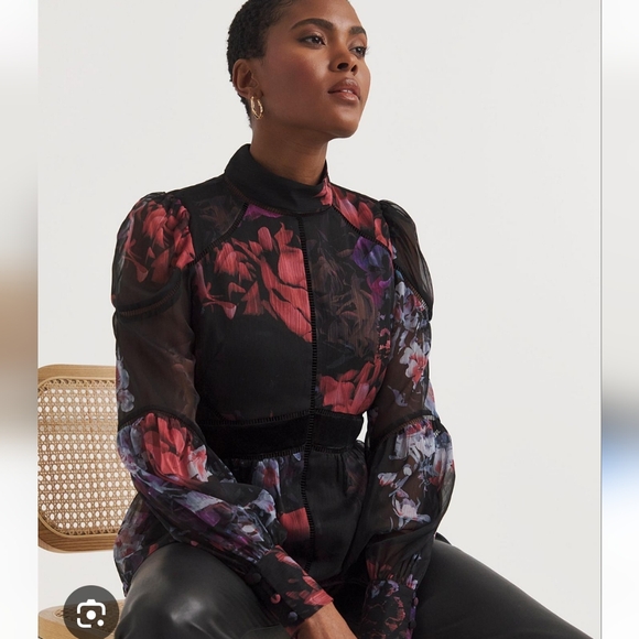 Ted Baker Neevah Floral Sheer Blouse with Puff Sleeves New With Tags - Picture 1 of 8